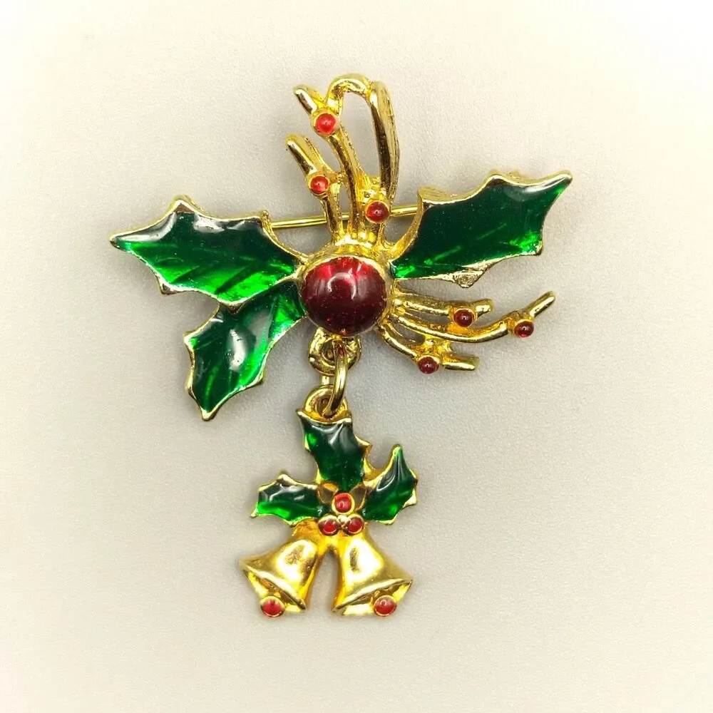 Holly Berry Dangle Bells Pin Brooch Jeweled Gold Tone Enamel Vintage